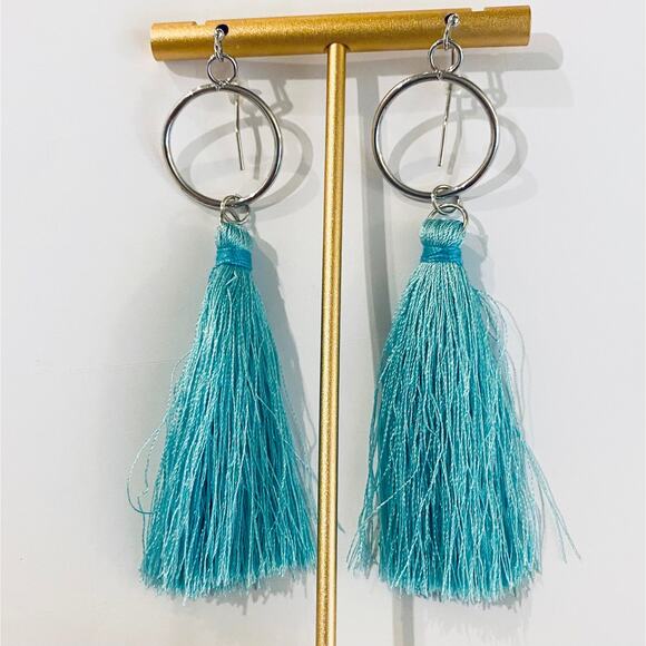 Silver Circle Turquoise Tassel Earrings - Picture 2 of 3